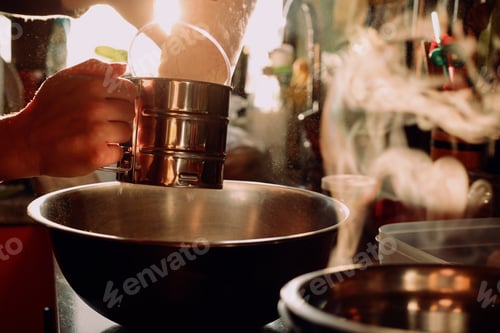 Preview: pour flour into a metal bowl, kitchen, cook