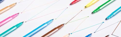 Preview: panoramic shot of colorful felt-tip pens on white background with connected drawn lines, connection