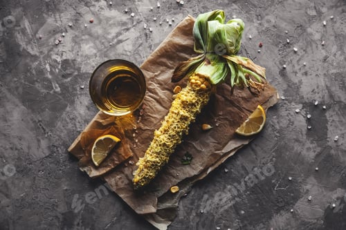 Preview: Grilled corn cobs with sauce, coriande. Mexican food. Top view. Copy space, healthy food, vegetables