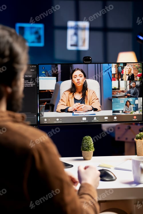 Preview: Engineer talking with management in videocall about errors found in code