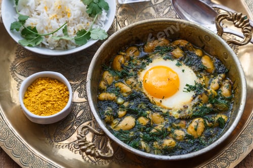 Preview: Persian breakfast with eggs, bean and dill in copper pan