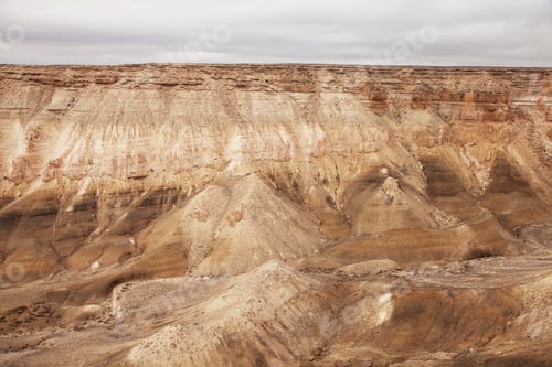 Preview: Layered sedimentary rock formations in a dry desert canyon under a cloudy sky