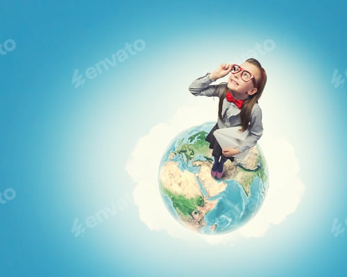 Preview: Wideangle Picture Of Funny Schoolgirl With Paper Plane. Elements Of This Image Are Furnished By Nasa