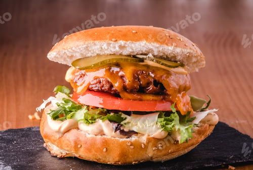 Preview: Vegetarian burger imitation meat, with tomato, cheese, pickle and sauce