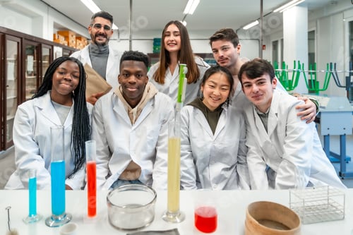 Preview: University students and teacher posing in chemistry lab