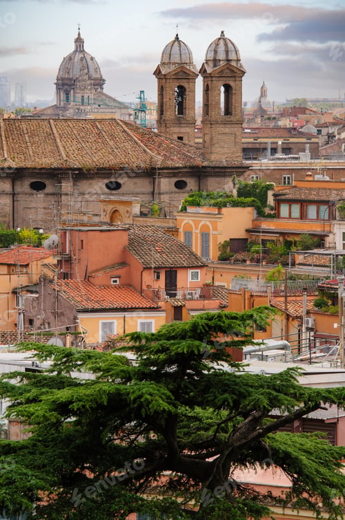 Preview: Panoramic view to Rome rooftops with catholic basilics and monuments, Italy