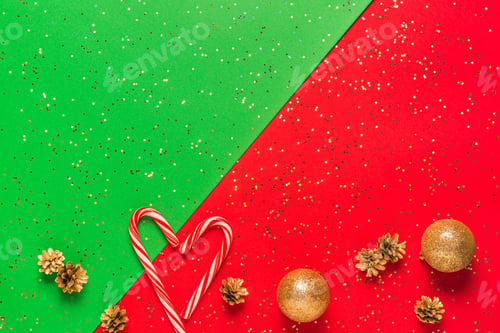 Preview: Christmas composition on a red, green background.