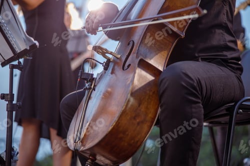 Preview: Male musician playing cello in orchestra on the street