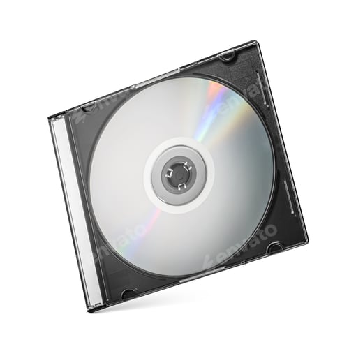 Preview: Closed black plastic disc box case CD jewel with silver disk isolated on white.