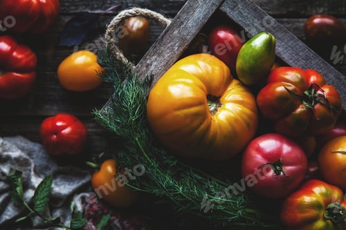Preview: Fresh tomatoes in an old box. On wooden background