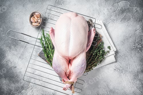 Preview: Ready for cooking whole duck with thyme and rosemary. Gray background. Top view