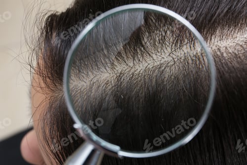Preview: Closeup of woman with dandruff in her hair, view through magnifying glass