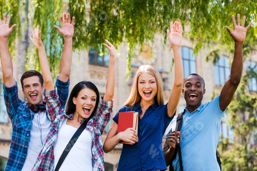 Preview: We are happy! Four happy young people making selfie while standing close to each other outdoors