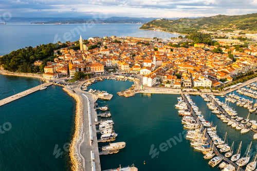 Preview: Izola townscape on the Adriatic coast of the Istrian peninsula in Slovenia. Aerial drone view