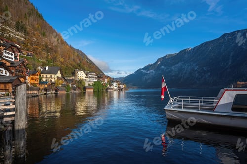 Preview: View of Hallstatt Lake and town with Boat - Hallstatt, Austria
