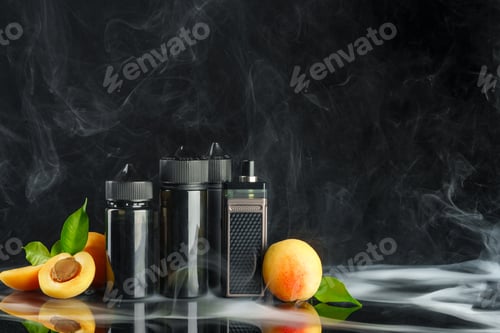 Preview: Vape and smoking liquid with fruit against black background with smoke