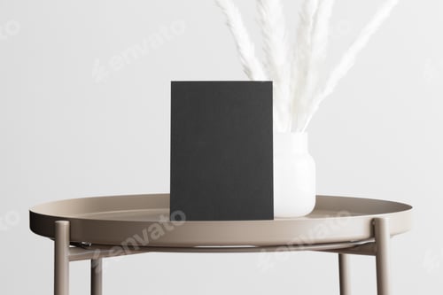 Preview: Black invitation card mockup with a pampas on the beige table. 5x7 ratio, similar to A6, A5.