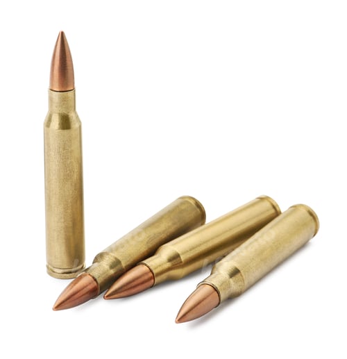 Preview: Many bullets on white background. Military ammunition