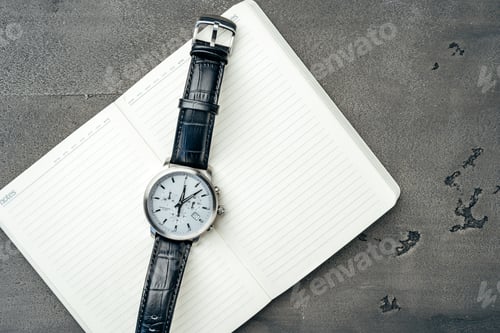 Preview: Male watch and notepad on dark grey table