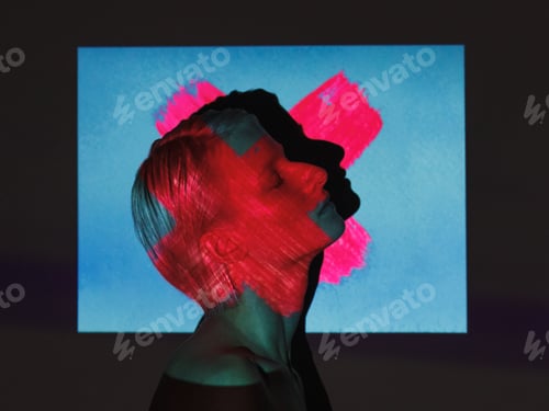 Preview: beauty portrait of androgynous woman with abstract projection screen on her face