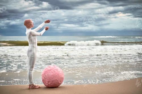 Preview: Hairless girl with alopecia in white futuristic suit standing on stone sea beach stretched out arms