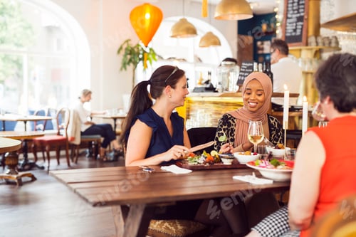 Preview: Friends enjoying a meal at a cozy restaurant.