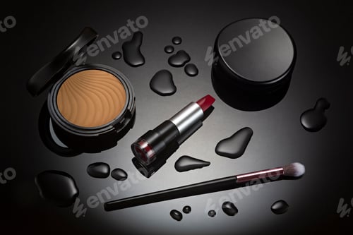 Preview: Makeup lipstick and cosmetics on black background with spot lighting.