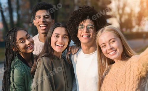 Preview: Positive multiracial teen friends taking selfie while walking in park