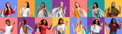 Preview: Happy Shopping. Joyful Multiethnic Ladies Holding Credit Cards And Bright Shopper Bags