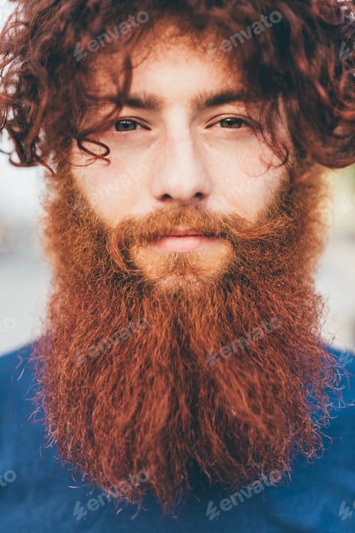 Preview: Close up portrait of young male hipster with red hair and beard