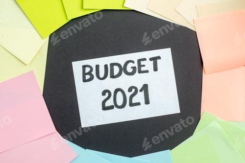 Preview: top view budget note around different colorful stickers on dark background color college student
