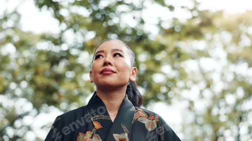 Preview: Woman, thinking and relax in park for peace, idea and mindset for martial arts practice in Tokyo. J