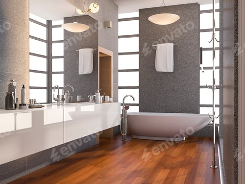 Preview: 3d rendering grey stainless metal bathroom with white tile and stone til