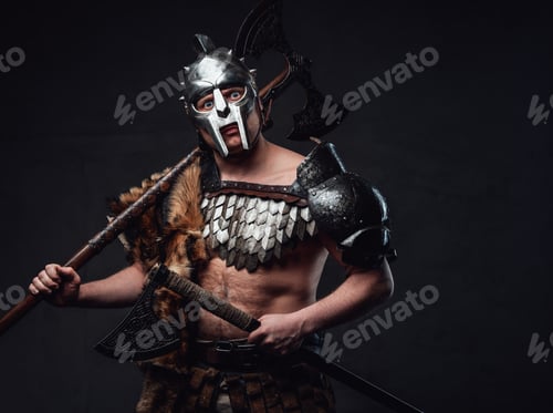Preview: Ancient gladiator with axes and dangerous look