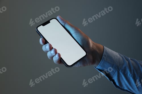 Preview: Man with modern smartphone on grey background, closeup. Mockup for design