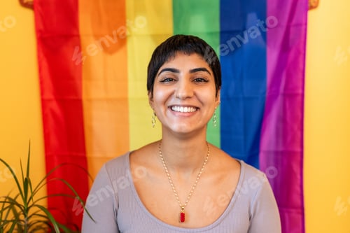 Preview: Surrogate mother smiling with rainbow flag background
