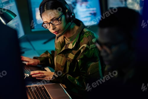 Preview: Military control room team, headset and woman with computer and tech for communication. Security, g