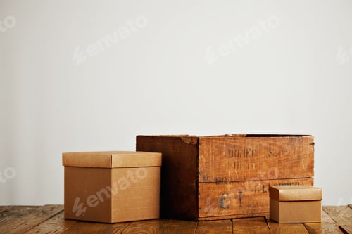 Preview: Blank corrugated cardboard boxes with vintage wooden box