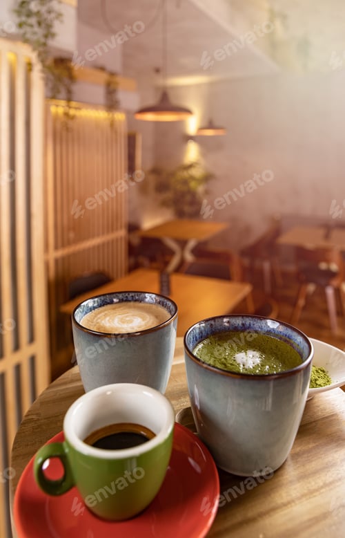 Preview: Cups of coffee, espresso and matcha latte