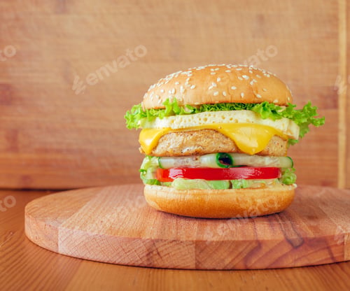 Preview: Delicious layered burger with chicken, cheese, and fresh vegetables displayed on a wooden board