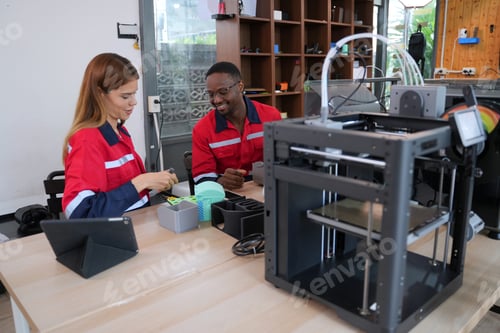 Preview: Engineers are working at 3D printing workshop.