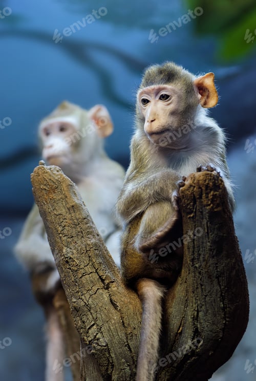 Preview: Very thoughtful young monkey on a tree trunk