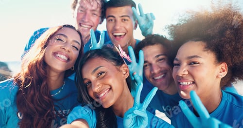 Preview: Happy people, portrait or volunteer with peace sign for selfie, community service or eco friendly e
