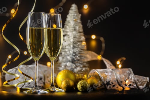 Preview: Two glasses of champagne or wine with bokeh background with christmas ball and tree