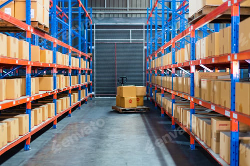 Preview: Background of parcel boxes arranging on the shelves in the warehouse distribution