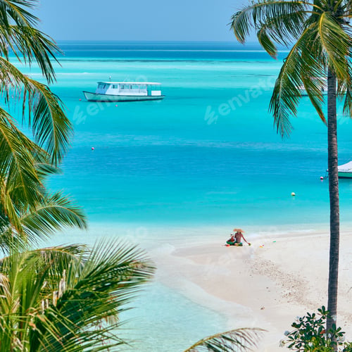 Preview: Three Year Old Toddler Boy On Beach With Mother. Summer Family Vacation At Maldives.