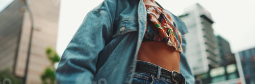 Preview: Closeup, smiling girl listening to music on headphones and dancing outdoors.