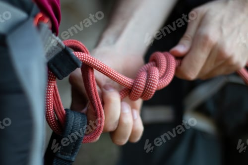 Preview: Alpinist tying a rope on his climbing equipment