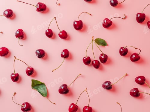 Preview: Fresh cherries scattered on pink background