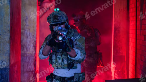 Preview: Expert team of soldiers attacking enemy during military operation, Army soldiers in protective
